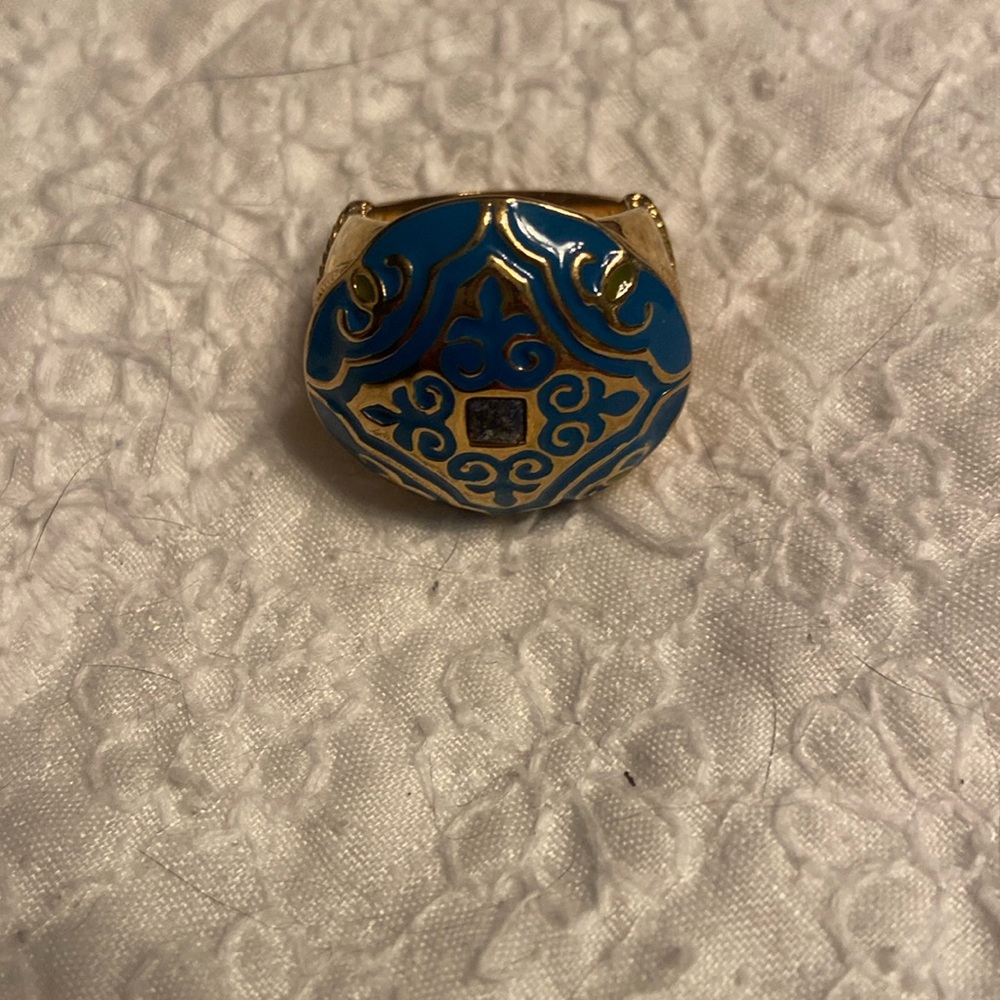 TracyPorter gold ring with blue enamel and lapis stone size 7